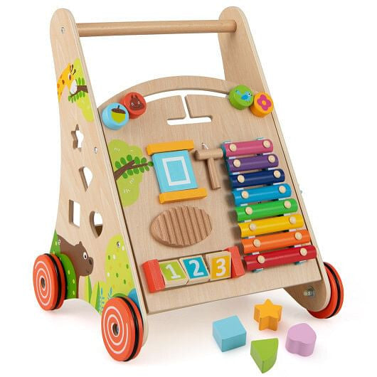 Wooden Push and Pull Baby Walker with Handle and Storage-Natural